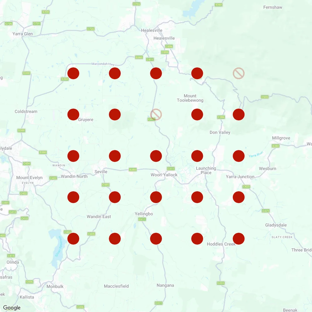 Local Falcon map of the Yarra Ranges between Wandin North and Yarra Junction, with a 5 by 5 grid of 25 scan points 4 km apart: 23 red pins and 2 crossed out pins, for a Google AI Overviews scan of the question who are the best excavation contractors in wandin north