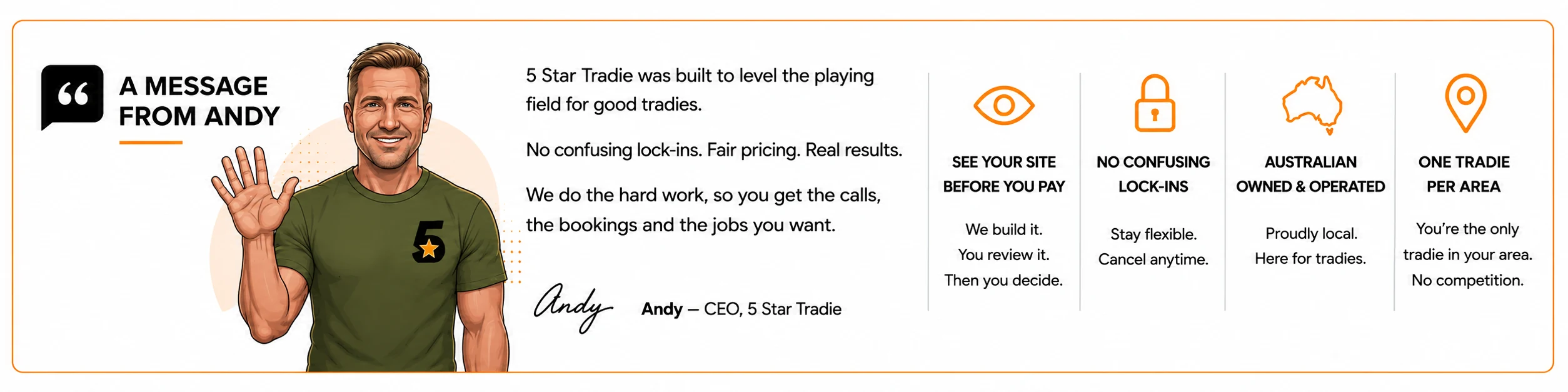 A message from Andy — see your site before you pay, no confusing lock-ins, Australian owned and operated, one tradie per area