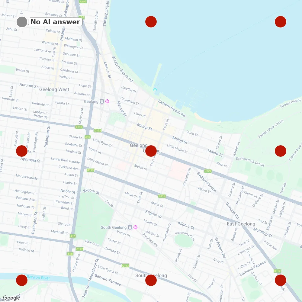 Local Falcon map of central Geelong showing a 3 by 3 grid of nine scan points one mile apart, eight of them red and one grey, for a Google AI Overviews scan of who are the best concreters in geelong