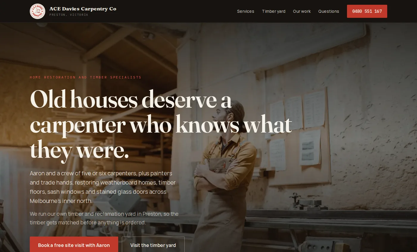 ACE Davies Carpentry new homepage on desktop
