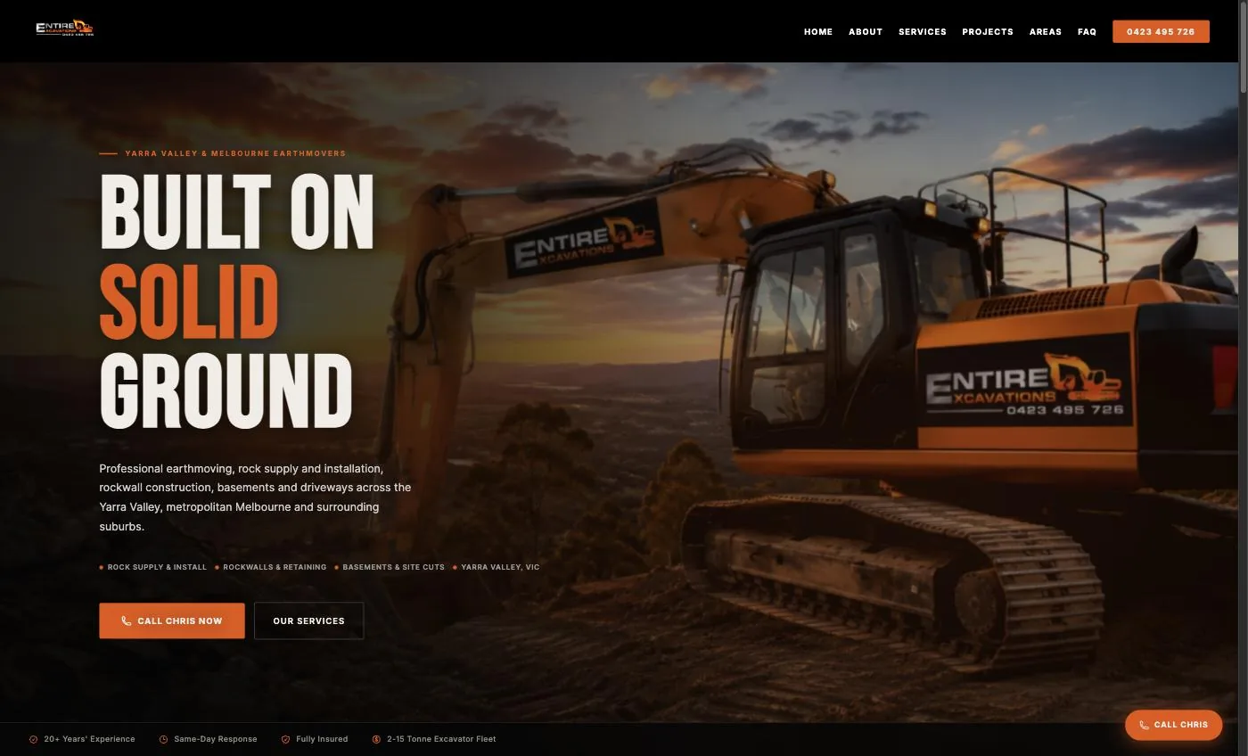 Entire Excavations website homepage, built by 5 Star Tradie