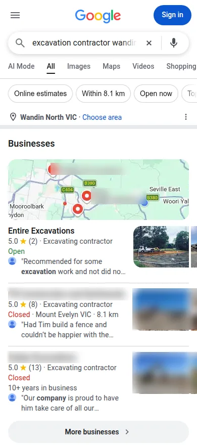 Google search for excavation contractor wandin north on a phone, Entire Excavations first in the map results, 13 Oct 2026