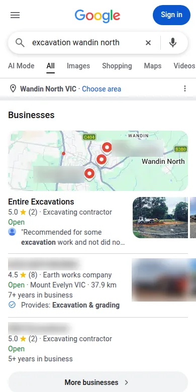 Google search for excavation wandin north on a phone, Entire Excavations first in the map results, 13 Oct 2026